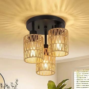 Handgemaakte rotan plafondlamp boho E27 naturel, Verzenden, Nieuw