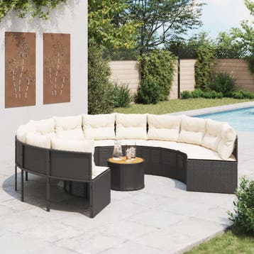 vidaXL Tuinbank met tafel en kussens rond poly rattan zwart, Tuin en Terras, Verzenden, Nieuw