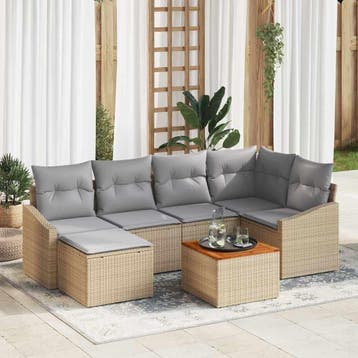 vidaXL Tuinbankenset met kussen 7 pcs Beige poly rattan, Verzenden, Nieuw, Rotan, 7 zitplaatsen