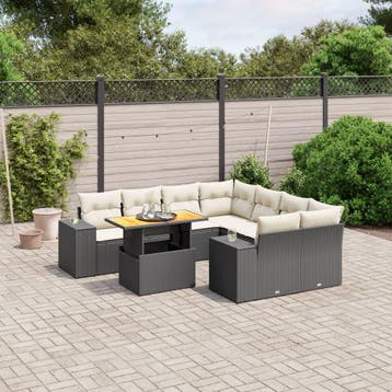 vidaXL 9-delige Loungeset met kussens poly rattan zwart, Tuin en Terras, Verzenden, Nieuw, Loungeset