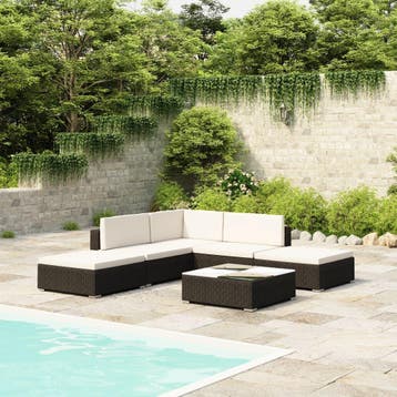 vidaXL 6-delige Loungeset met kussens poly rattan zwart, Verzenden, Nieuw, 6 zitplaatsen, Loungeset