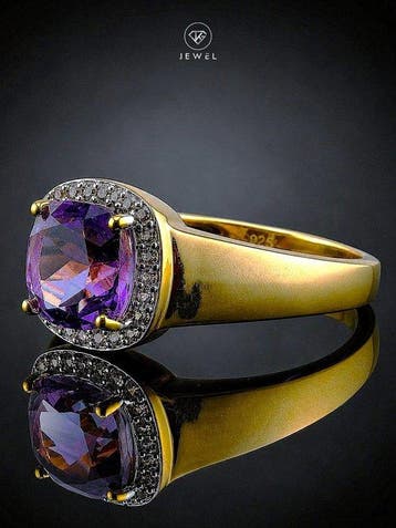 Amethist halo ring - 925 sterlingzilver goud verguld -, Antiek en Kunst, Curiosa en Brocante