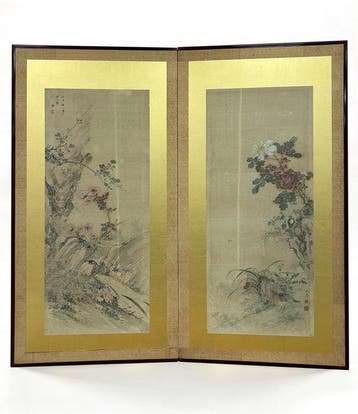 Kamerscherm - Zijde, Papier, Hout - Japan - Japans 2-panel