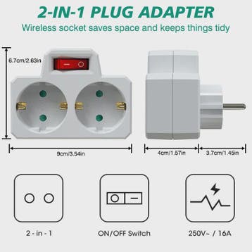 Dubbele Stekkerdoos Adapter met Aan/Uit Schakelaar - Compact, Verzenden, Nieuw