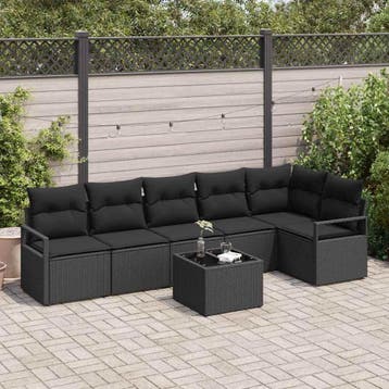 vidaXL Bankstel 7 st Zwart poly rattan, Verzenden, Nieuw, Rotan, 7 zitplaatsen