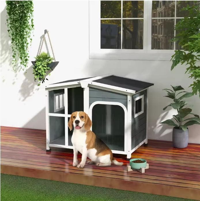 Houten Hondenhok Donkergrijs – Weerbestendig Buitenhuis met, Dieren en Toebehoren, Hondenhokken, Nieuw, Verzenden