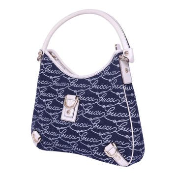 Gucci Abbey D-Ring Hobo Script Canvas Blauw, Verzenden, Zo goed als nieuw
