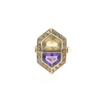 Vintage gouden ring met citrien, amethist en diamanten; 0..., Gebruikt, Ophalen of Verzenden, 17 tot 18, Met edelsteen