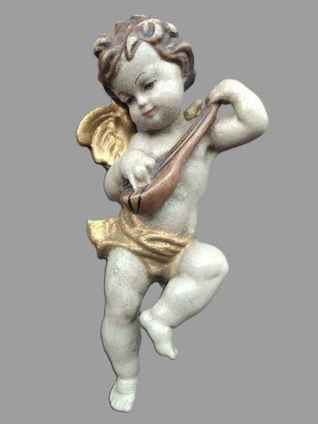 Snijwerk, Holzfigur - farbiger Engel mit Mandoline -