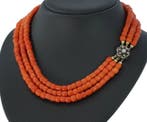 Ketting - 14 karaat Geel goud Bloedkoraal - Diamant antiek