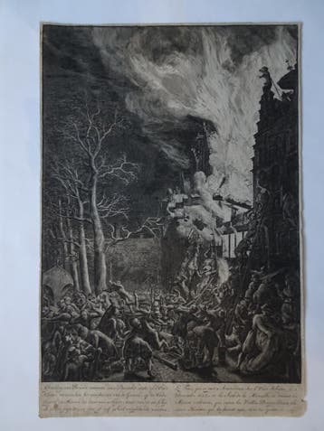 Gravure brand Oude Schans Amsterdam, 1658, neerstorten gevel, Antiek en Kunst, Kunst | Etsen en Gravures, Dagelijks leven, Verzenden