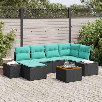 vidaXL Tuin Sofa Set 7 st Zwart en turquoise, Verzenden, Nieuw, Rotan, 7 zitplaatsen