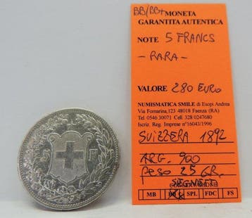 Zwitserland. 5 Francs 1892 / Key Date (Zonder minimumprijs), Postzegels en Munten