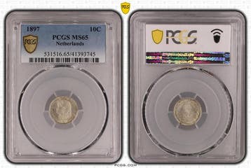 Koningin Wilhelmina 10 cent 1897 PCGS MS65 gecertificeerd, Verzenden, Zilver, 10 cent, Koningin Wilhelmina