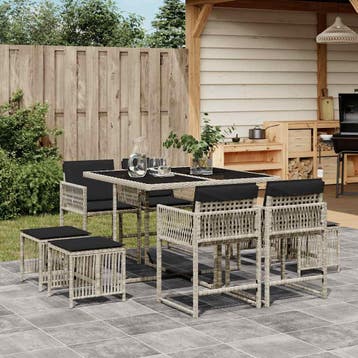vidaXL 9-delige Tuinset met kussens poly rattan lichtgrijs, Verzenden, Nieuw, 8 zitplaatsen, Tuinset