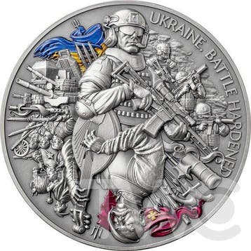 Ghana. 10 Cedis 2024 Ukraine. Battle Hardened, 2 Oz, Antique