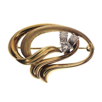 Gouden fantasiebroche met diamanten; 0,30 ct., Sieraden, Tassen en Uiterlijk, Broches, Gebruikt, Ophalen of Verzenden, Met edelsteen