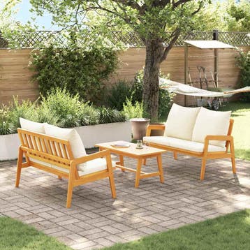 vidaXL Bistroset met kussen 3 pcs Bruin Massief Acaciahout, Verzenden, Nieuw, 3 zitplaatsen