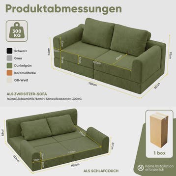 Groene 2-zits Slaapbank met Traagschuim | Flanel | 160x80 cm, Verzenden, Nieuw