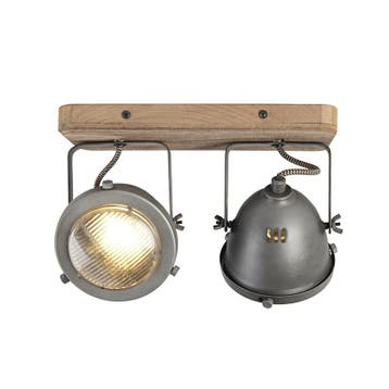 Industriële spot staal met hout kantelbaar 2-lichts - Emado, Huis en Inrichting, Lampen | Spots, Verzenden, Nieuw