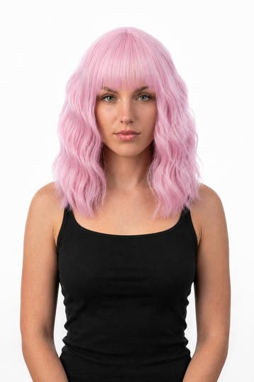KIMU® Luxe Lichtroze Pruik Schouderlengte Rechte Pony Krulle, Ophalen of Verzenden, Nieuw, Carnaval