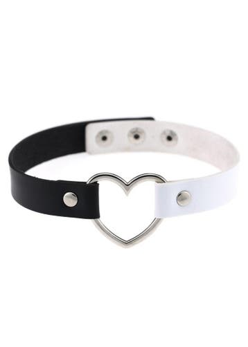 KIMU® Choker Zwart Wit Hartje Pu Leer Collar Ketting Hart Ha, Kunststof, Verstelbaar, Zwart, Nieuw