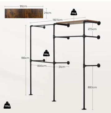 Kledingrek wandmodel 186 cm – industrieel met planken, Verzenden, Nieuw