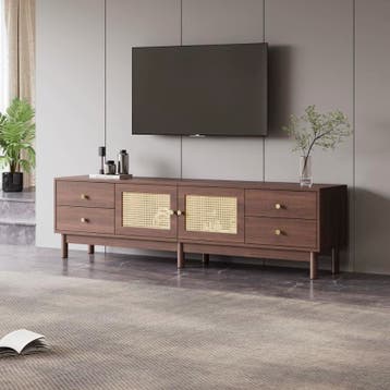Luxe Tv-Kast 180cm – Donkere Houtlook met Rotan Deuren, Verzenden, Nieuw