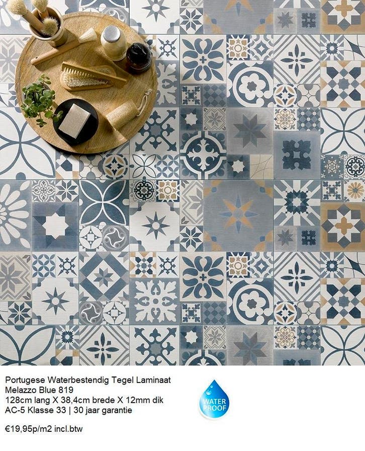 Portugees Tegel laminaat vloeren 2 X Decor v.a. €19,95m2, Huis en Inrichting, Stoffering | Vloerbedekking, Beige, Blauw, Crème