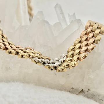 Tricolor gouden fantasieschakel armband (Schakelarmband), Ophalen of Verzenden, Gebruikt, Goud, Goud