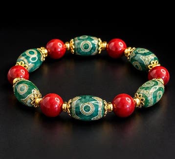Zeldzame Dzi-agaat armband - 9 ogen en cinabaar – Tibetaanse