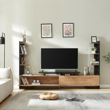 Tv-meubel Rauki zwart en houtkleurig mango 233x31x140 cm [en, Verzenden, Nieuw
