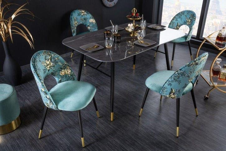 Design stoel PRET-A-PORTER turquoise fluweel bloemmotief en, Huis en Inrichting, Stoelen, Ophalen of Verzenden