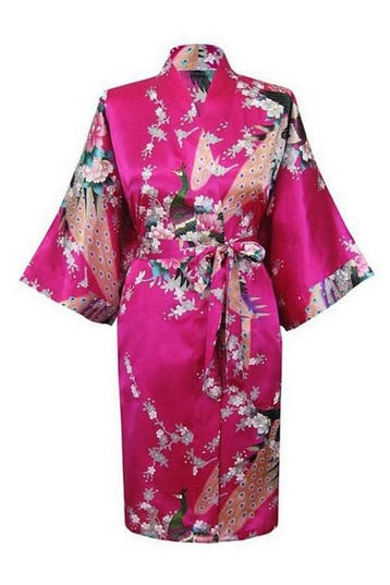 KIMU® Kimono Donkerroze Kort XL-XXL Yukata Satijn Boven de K, Kleding | Dames, Ophalen of Verzenden, Nieuw, Maat 46/48 (XL) of groter