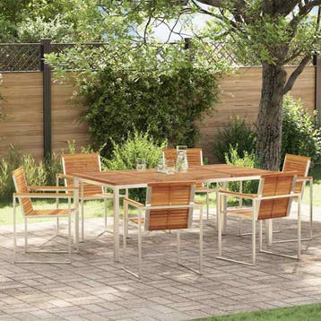 vidaXL Tuin eettafelset 7 st Massief acaciahout en roestvrij, Verzenden, Nieuw, 7 zitplaatsen