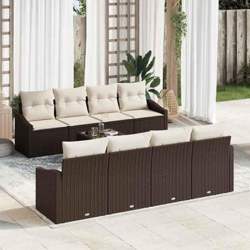 vidaXL Bankstel met kussen met kussen 9 pcs Bruin en Crème, Verzenden, Nieuw, Rotan, Meer dan 8 zitplaatsen