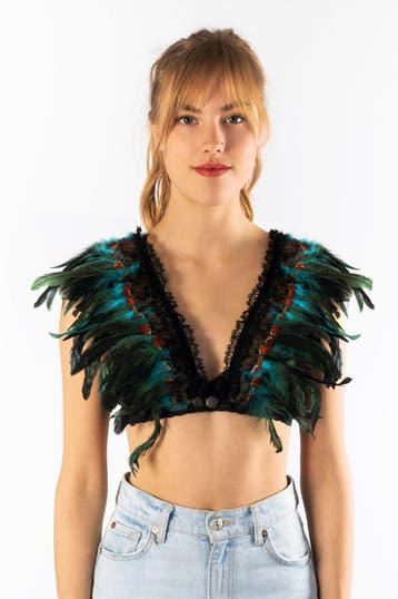 Top met Veren Turquoise XS S M Verentop Kostuum Topje Veertj, Ophalen of Verzenden, Nieuw, Carnaval, Kleding