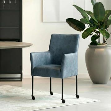 Set van 6 Leren eetkamerstoelen Comfort met wieltjes en, Ophalen of Verzenden, Nieuw, Leer