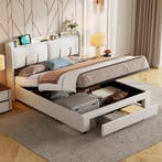 Velvet Dubbel Bed 140x200 cm met USB,LED Hoofdbord en Opberg, Huis en Inrichting, Slaapkamer | Bedden, Verzenden, Nieuw