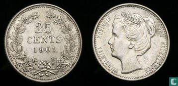 Nederland 25 cents 1901 (type 2), Verzenden, 5 cent, Losse munt, Goud