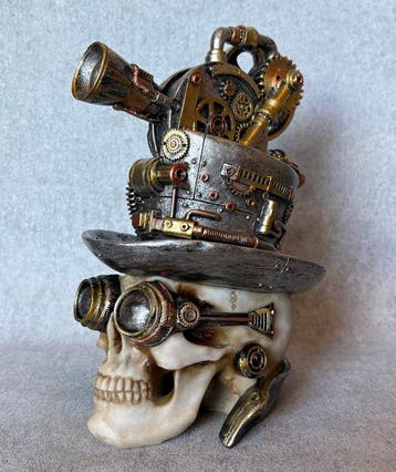 Beeld, Groot formaat steampunk schedel “Projector” - 23.5 cm, Antiek en Kunst