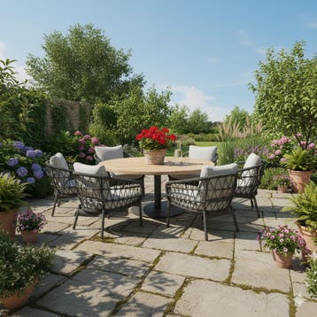Arezzo Saba low dining tuinset 160xH75 cm rond 7 delig teak, Ophalen of Verzenden, Nieuw