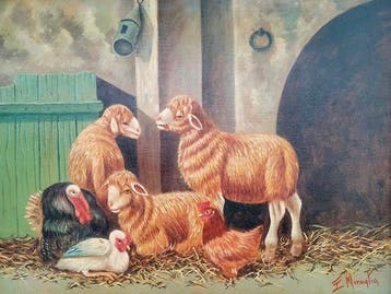 E. Miraglia (XX) - Stalla con animali olio su tavola, Antiek en Kunst