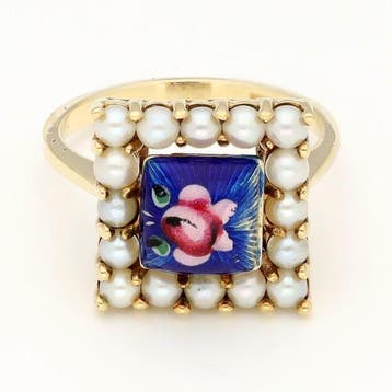 Ring - 14 karaat Geel goud - Parel - Emaille - Roos, Nieuw