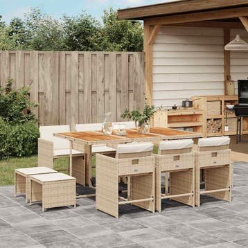 vidaXL 11-delige Tuinset met kussens poly rattan beige, Verzenden, Nieuw, Meer dan 8 zitplaatsen, Tuinset