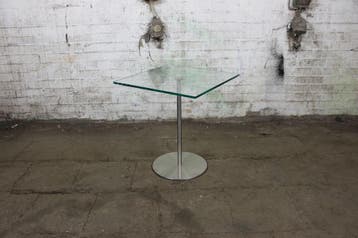 Vierkante bijzettafel glas 45x45 RVS voet compact tweedehand, Verzenden, Gebruikt