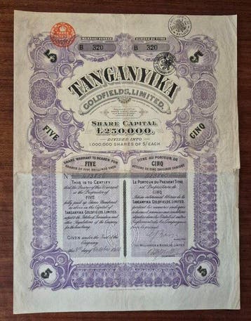 Tanzania. 5 x 5 Shillings 1928 Tanganyika Goldfields Ltd