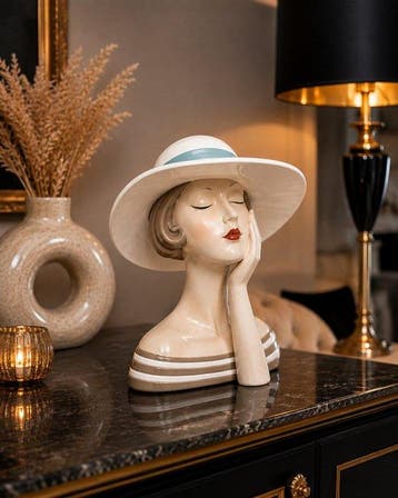 Buste, Elegant Art Deco Damesbeeld met Hoed – Boutique Hotel