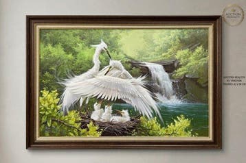 Xu Yanchun - Familia de garzas reales junto a la cascada