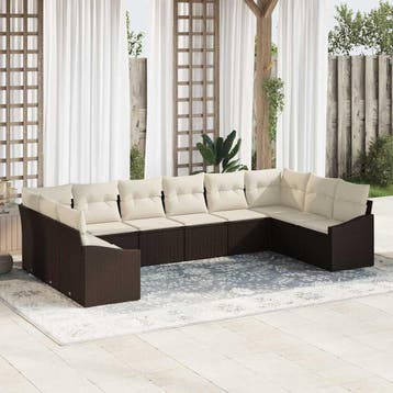 vidaXL Tuinbankenset 10 st Bruin en Crème poly rattan, Verzenden, Nieuw, Rotan, Meer dan 8 zitplaatsen